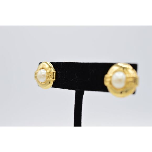 Givenchy Vintage Pearl Stud Earrings G GG Logo Gold Round Signed Post 1980s BinZ - Picture 3 of 12